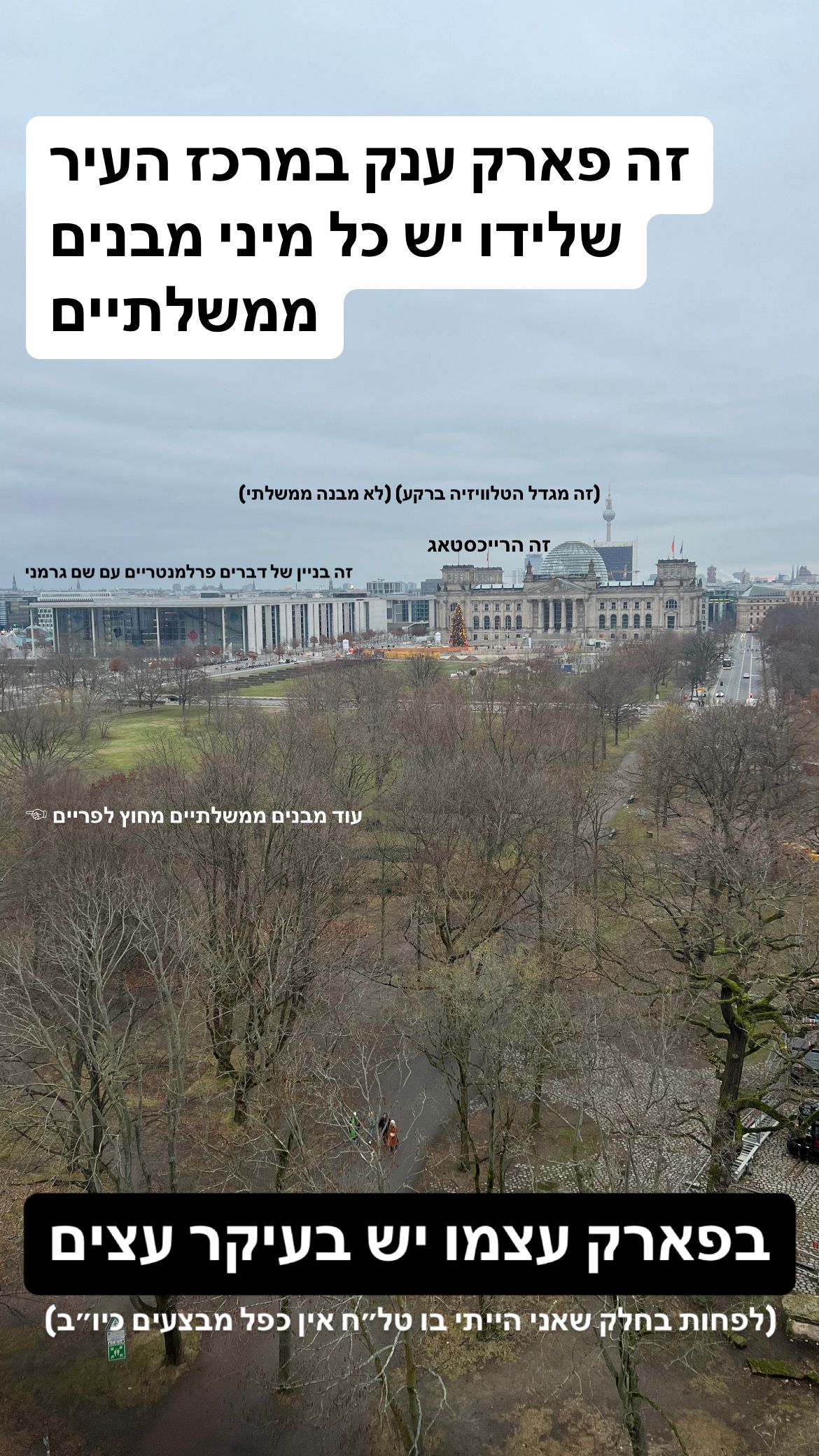 טירגרטן מגובה של כמה קומות שממנו אפשר לראות הרבה עצים ומסביב כל מני מבנים גדולים. כיתוב: זה פארק ענק במרכז העיר שלידו יש כל מיני מבנים ממשלתיים. אפשר לראות את הרייכסטאג ממול, מבנה פרלמנטרי עם שם גרמני משמאל, ויש עוד מבנים ממשלתיים מחוץ לפריים מצד שמאל. ברקע מגדל הטלוויזיה (שאינו מבנה ממשלתי). בפארק עצמו יש בעיקר עצים (לפחות בחלק שאני הייתי בו טל״ח אין כפל מבצעים כיו״ב